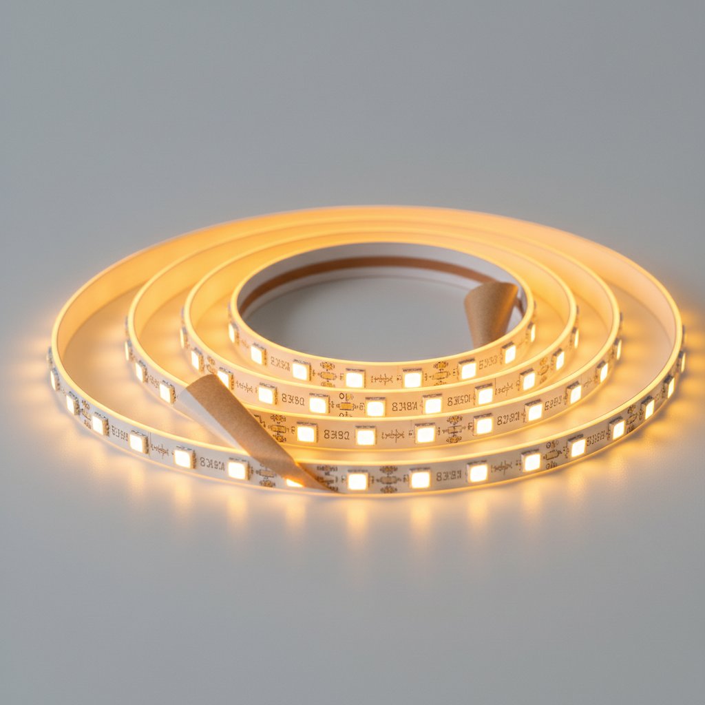 A coiled warm-white LED strip light with peeled adhesive backing and evenly spaced LEDs