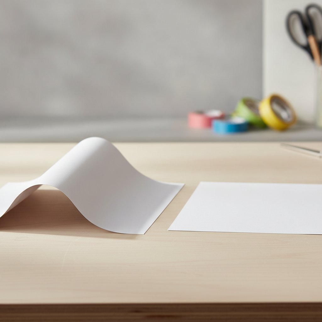 A warped curled sheet of cardstock next to a perfectly flat sheet on a craft table
