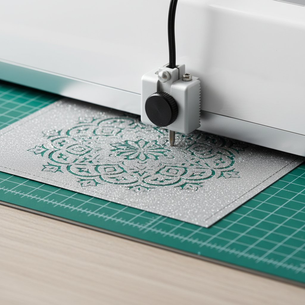 Cutting machine carriage tracing an intricate ornate medallion design into silver glitter cardstock on a green mat