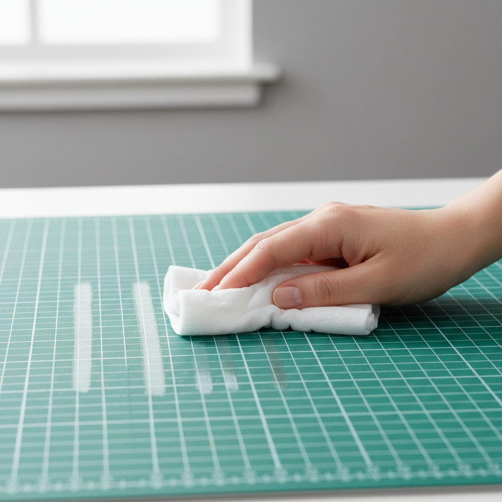 A hand wiping a green cutting mat in straight lines with a soft cleaning wipe