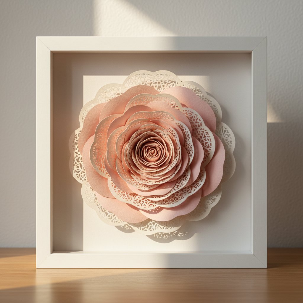Layered paper-cut rose flower shadow box in a white frame displayed on a shelf