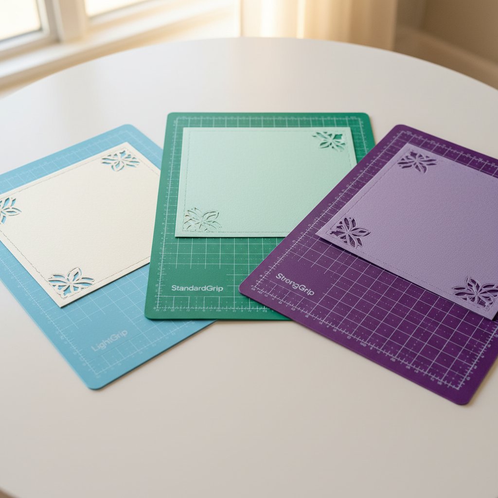 Three Cricut cutting mats in light, standard and strong grip levels with cardstock