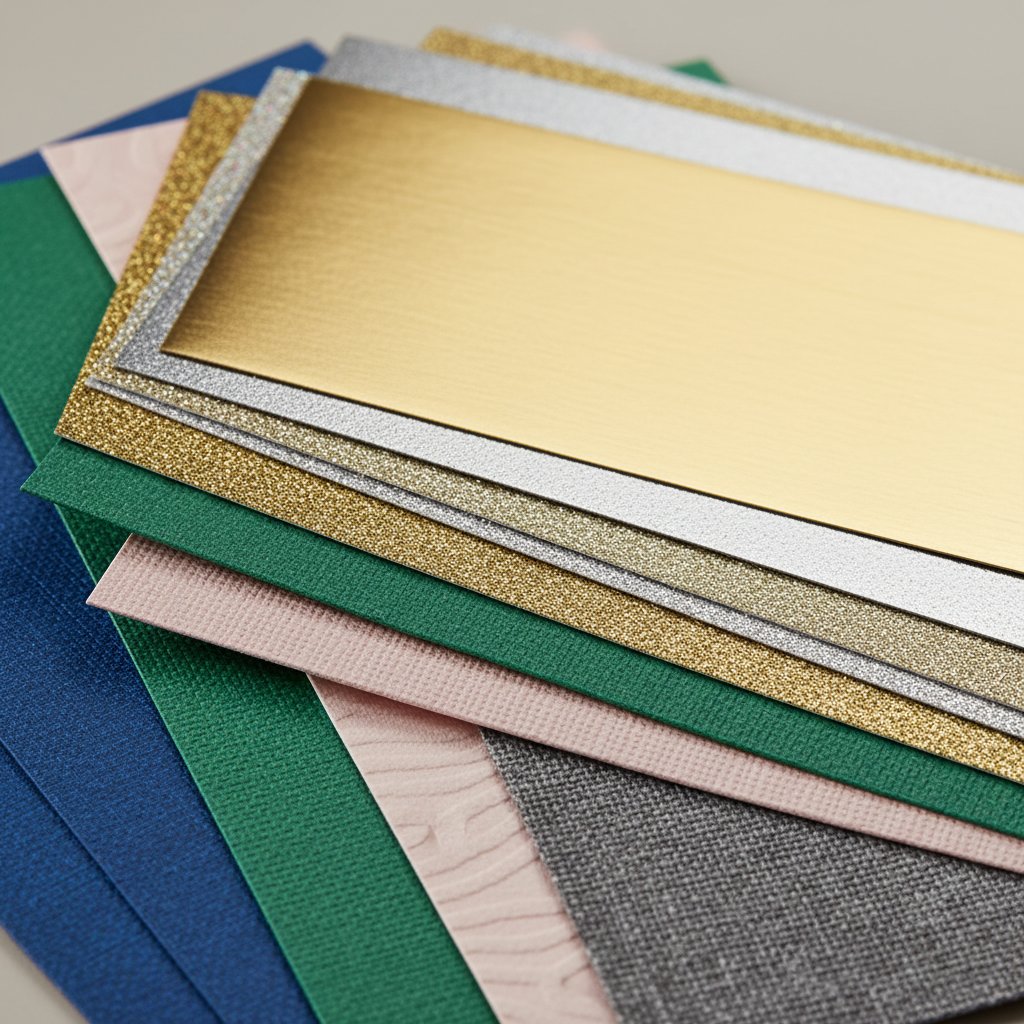 Metallic and glitter cardstock sheets fanned out beside textured colored stock