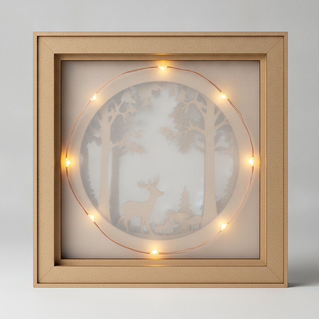 The open back of a papercut shadow box with LED fairy lights arranged around the perimeter and a vellum diffuser sheet