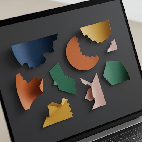 A laptop screen showing several colorful abstract paper-craft layer shapes pulled apart and separated across a dark workspace
