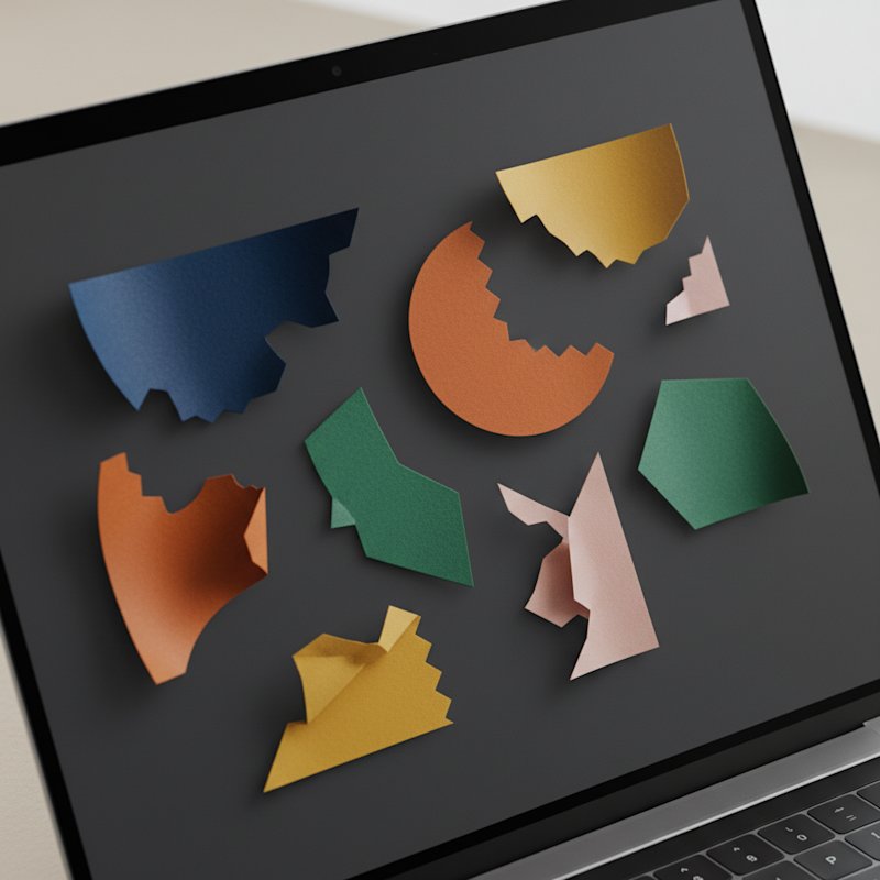A laptop screen showing several colorful abstract paper-craft layer shapes pulled apart and separated across a dark workspace