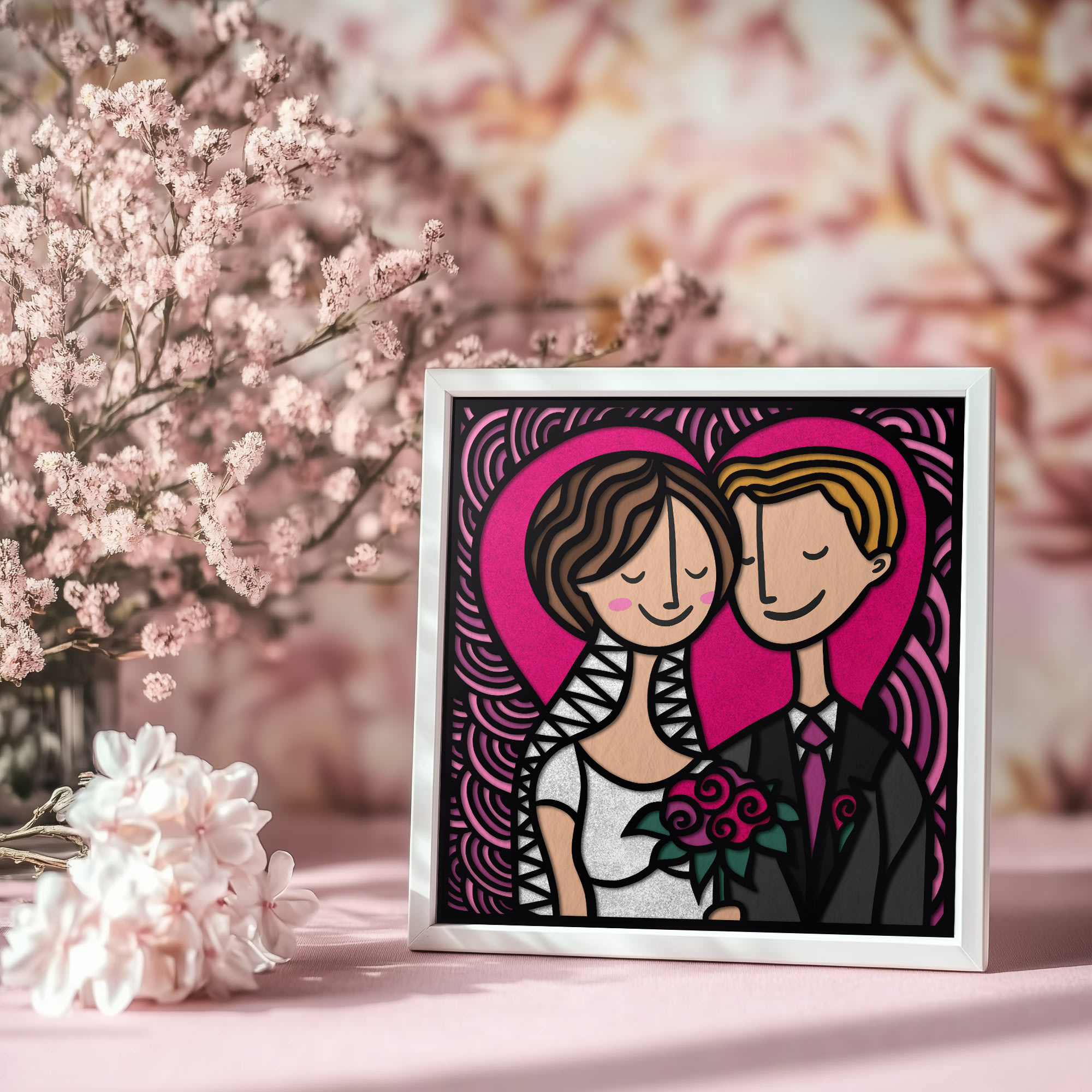 Wedding Anniversary Shadowbox — layered stained-glass-style paper cut featuring groom and bride silhouettes with floral elements in a deep shadow box frame