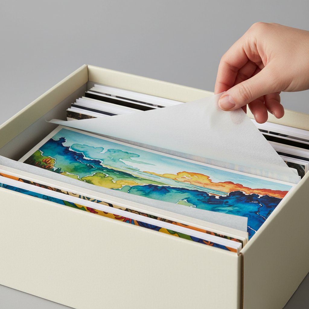 Paper art prints stored flat in an open acid-free archival box with tissue paper interleaved, a hand lifting one tissue sheet