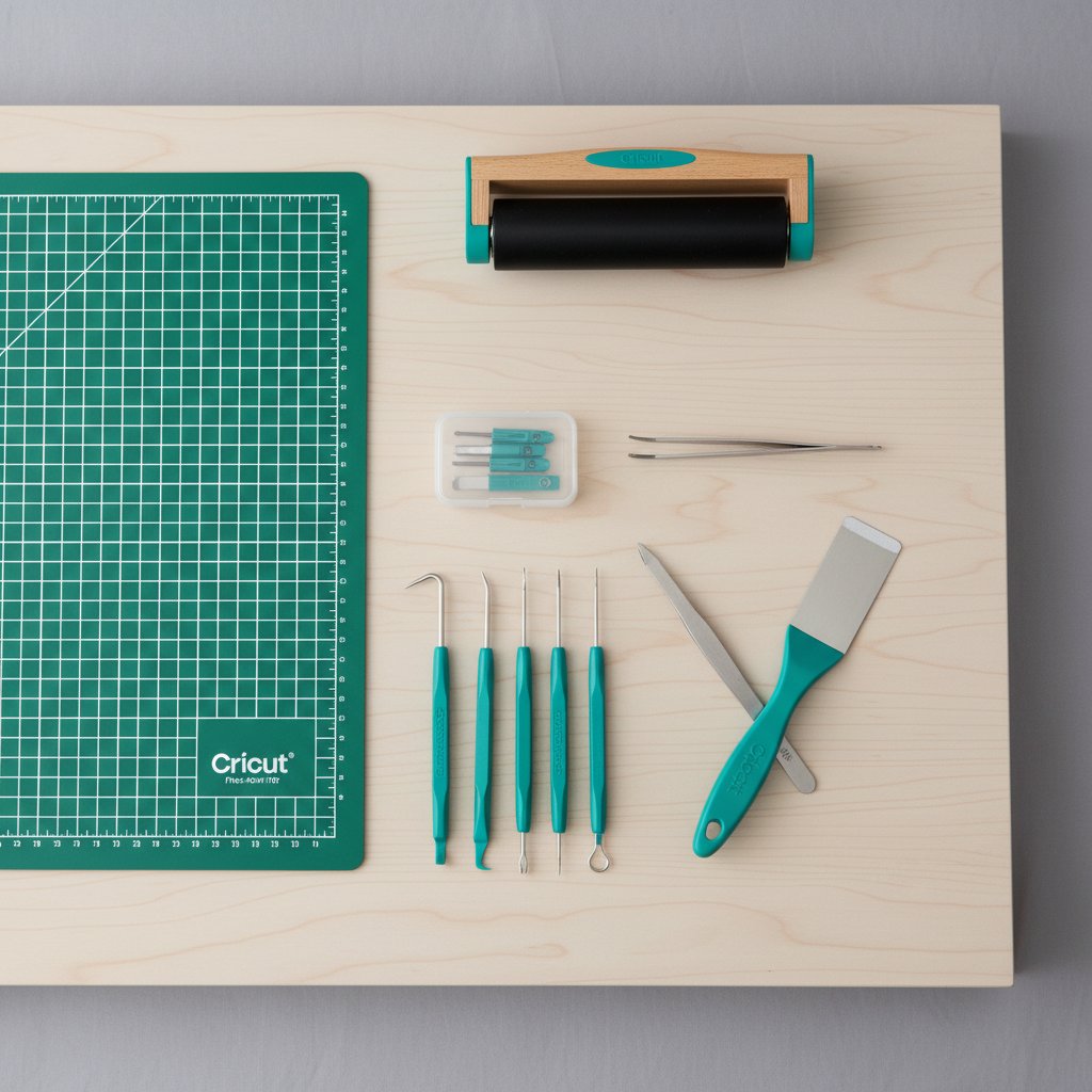 Flat-lay of Cricut crafting accessories including cutting mat, blades, weeding tools, brayer and tweezers
