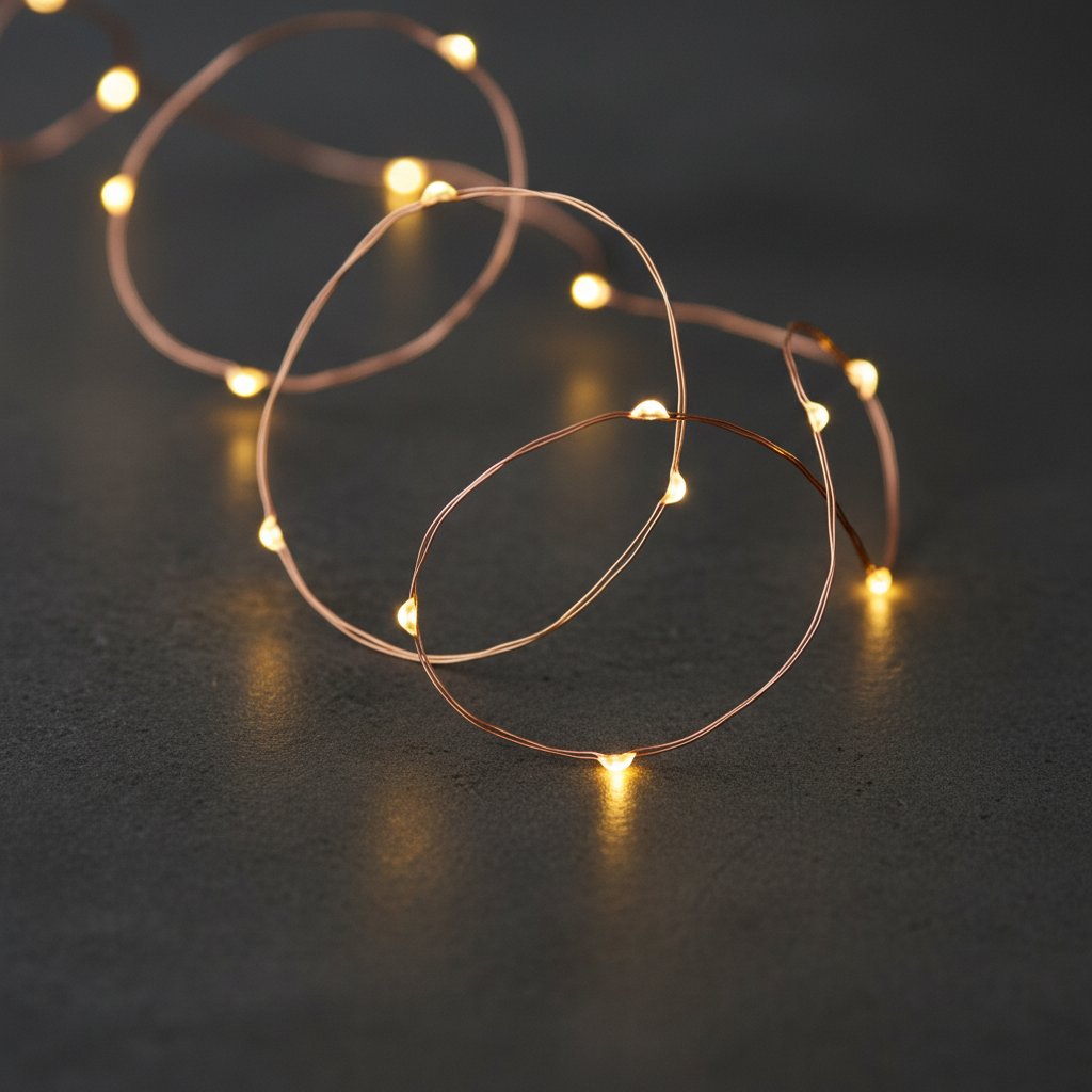 A string of delicate copper-wire LED fairy lights glowing softly with warm bokeh on a dark surface