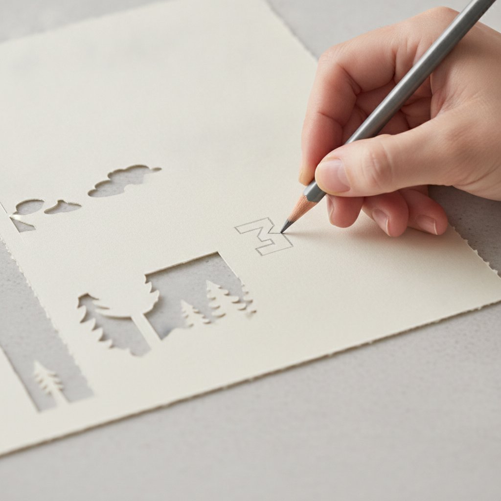 A hand writing a layer number in pencil on the back of a freshly cut cardstock papercut layer