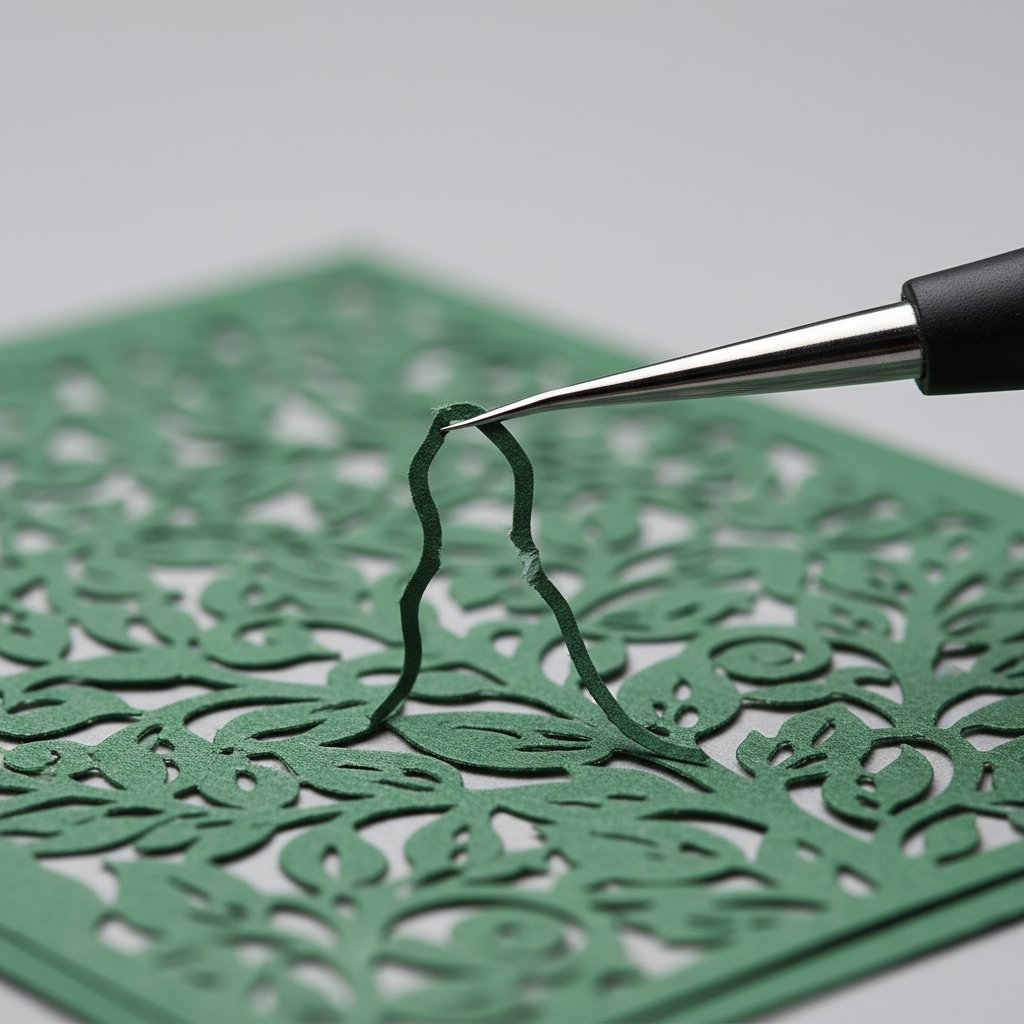 Weeding hook tool lifting tiny scrap pieces from an intricate cardstock cut