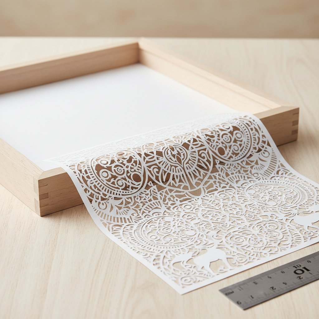 Cut paper-cut design sheet laid beside an empty shadow box frame with a ruler to check size fit
