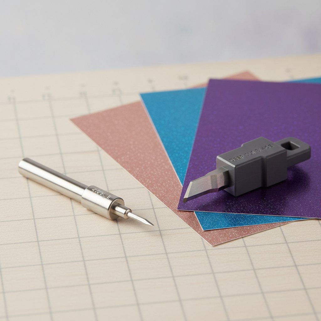 A fine point blade and a deep cut blade housing on a craft table beside sheets of metallic cardstock, macro detail of the blade tips