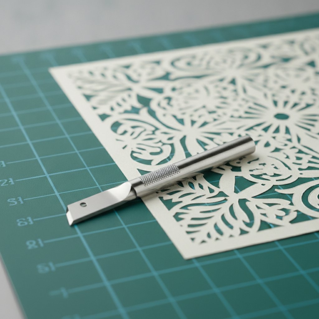 A fresh fine-point cutting blade beside a mat holding a cleanly cut intricate cardstock papercut layer